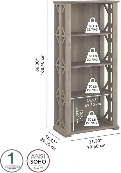 Bush Furniture Homestead 4 Shelf Farmhouse Bookcase in Driftwood Gray, Vertical Office Organizer, Home Shelving Unit for Books and Decor, Bookshelf