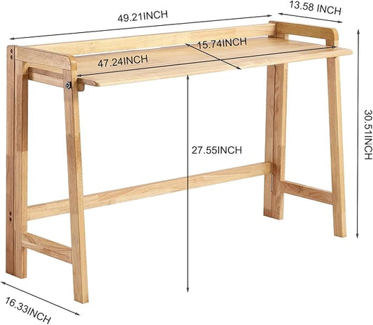 Solid Wood Folding Desk Mid Century Modern Table, 47'' Foldable Writing Computer Desk for Home Office, Simple Study Makeup Workstation, Wooden Study Office Desk Table for Small Spaces, Natural Color