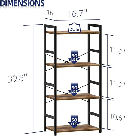 NUMENN 4 Tier Small Bookshelf, Industrial Bookcase Shelf Storage Organizer, Modern Book Shelf for Bedroom, Living Room and Home Office, Vintage