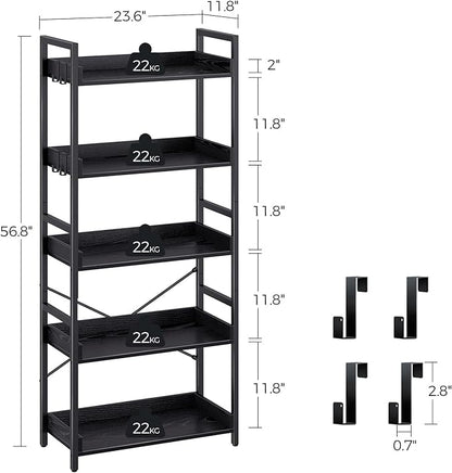 Rolanstar Bookshelf 5 Tier with 4 Hooks, Industrial Wood Bookcase, Vintage Storage Rack with Open Shelves, Rustic Standing Bookshelves Metal Frame Display Rack for Living Room, Bedroom, Black