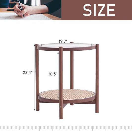 Tiita Rattan Coffee Table, Round End Table, 2-Tier Modern Side Table, Small Bamboo Living Room Side Table, Glass Sofa End Table for Balcony and Office Outdoor/Indoor (Walnut)
