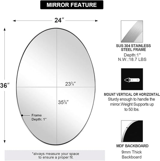 ANDY STAR Polished Chrome Oval Mirrors for Bathroom, 24x36 Inch Silver Stainless Steel Metal Framed Oval Wall Mirror, Modern Vanity Mirror Wall Mount Horizontal or Vertical