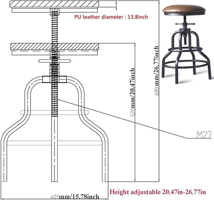 Diwhy Industrial Vintage Counter Stool, Kitchen Counter Height Adjustable Swivel Chair, Metal Frame Stool, 20.47-26.77 Inch, Fully Welded Base, Brown PU Upholstered, Set of 2