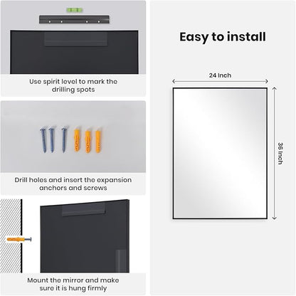 Melodieux Wall Vanity Bathroom Mirror for Over Sink, 24"x36" Rounded Rectangle Metal Deep Frame Wall Mounted Mirror Wall Decor for Living Room Hallway, Black