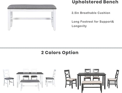 Ball & Cast 6 Piece Wood Dining Table Set,Kitchen Table Set with Upholstered Bench and 4 Dining Chairs,Farmhouse Living Room Furniture w/Carved Legs & Round Backrest,for Dining Room,Gray+White