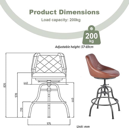 Diwhy Industrial Counter Stool, 22.44"-27.17" Adjustable Height PU Backrest Seat Bar Stool, Vintage Kitchen Dining Chair with Footrest, for Kitchen, Dining Side Chair, Bistro, Brown Leather