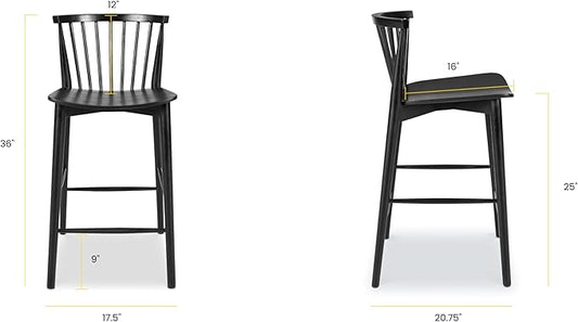 POLY & BARK Ligna Counter Stool Black – Mid-Century Inspired Stool with Sculpted Spindle Back – Solid American Oak Frame and Engineered Wood Veneered Seat – Fully Assembled and Ready to Use
