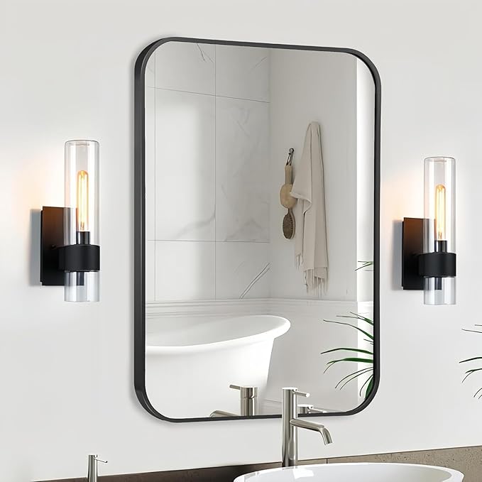 Black Bathroom Mirror, 26x38 Inch Matte Black Mirror, Aluminum Alloy Framed Vanity Mirror, Rounded Rectangle Mirror for Over Sink, Anti-Rust Wall Mirror (Horizontally or Vertically)