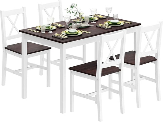 soges Kitchen Dining Table Chairs Set for 4, 42.5 inch Pine Wood Dining Room Table with 4 Chairs, 5-Piece Kitchen Table Chairs Set for Small Space, Apartment, Dinette, Breakfast, Walnut & White