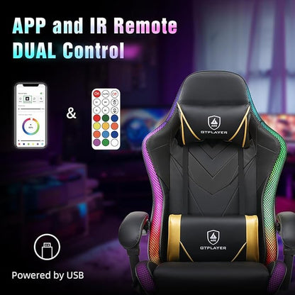 GTPLAYER Gaming Chair, RGB Gaming Chairs with LED Lights, Video Gaming Chair for Adults, Ergonomic Computer Gaming Chair with Linkage Armrest, Reclining Chair with Headrest (Without Massage, Black)