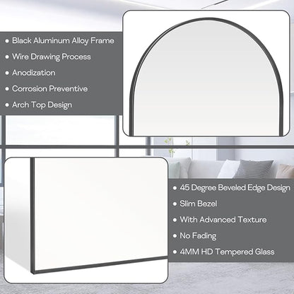 28" x 36" Black Arched Mirror, Large Arch Bathroom Wall Mirror, Metal Frame Arched Top Bathroom Vanity Mirror for Living Room, Bedroom, Entryway, Tempered Glass, Shatter Proof
