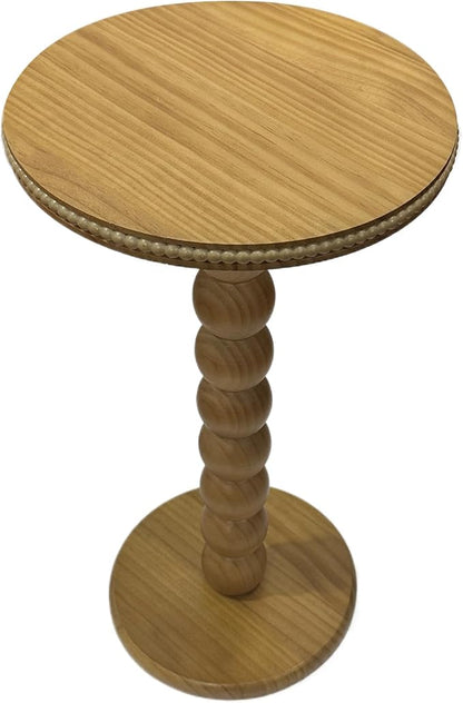 JUIOETURBoho Beaded Round Side Table - Handcrafted Small Accent Table for Small Spaces w/Solid Wood Leg - Drink Table for Living Room, Bedroom, Dorm, Office & Tight Corners (Nature)