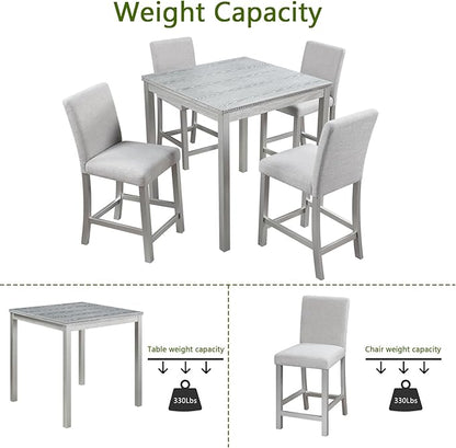 KEIKI 5-Piece Counter Height Dining Table Set with Square Table and 4 Upholstered Chair, for 4 Person, Modern Crystal Decoration Wooden Table Set, Easy Assembly, for Kitchen, Dining Room, Silver Grey
