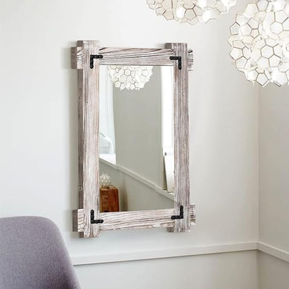 MeMoreCool Farmhouse Rustic Wood Framed Bathroom Mirror, Decorative Wall Mounted Rectangular Mirror for Bedroom, Living Room, or Bathroom, 24x36 Inch, White