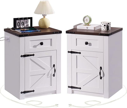 SOOWERY Nightstands Set of 2, Nightstand with Charging Station, Farmhouse End Table with Barn Door and Drawer, Rustic Wood Sofa Side Table for Bedroom, Living Room, White