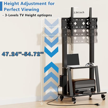 Rolling TV Stand with Power Outlet, Mobile TV Stand on Wheels for 32-75 inch TV, Height Adjustable Portable Black TV Cart, Holds up to 130LBS, Vesa 600×400mm