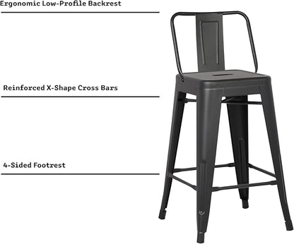 AC Pacific Modern 24” Metal Barstool Set of 2 – Country Rustic Style with Low Back, Lightweight & Sturdy Build, Easy Assembly, Matte Black