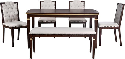 Merax 6-Piece Kitchen Dining Table Set, 62.7" Rectangular with 4 High-Back Tufted Chairs & 1 Bench for Kitchen Room, Espresso