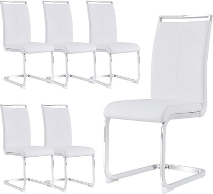 Dining Chairs Set, Kitchen Modern Metal Chairs with Faux Leather Padded Seat High Back and Sturdy Chrome Legs, Chairs for Dining Room (White, Set of 6)