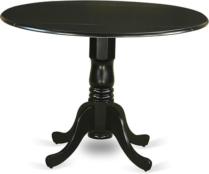 East West Furniture DLAS3-BLK-12 3 Piece Dining Table Set contain A Wood Table and 2 Dark Gray Polyester Fabric Dinner Chairs with Stylish Back- Black Finish