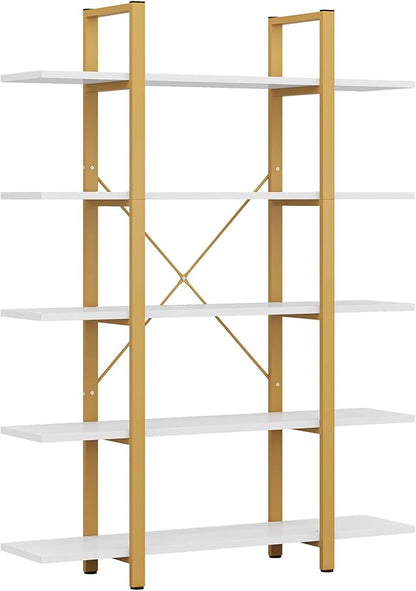 Tribesigns 5-Tier Bookshelf, Vintage Industrial Style Bookcase 70 ‘’ H x 12’’ W x 47’’L, Gold