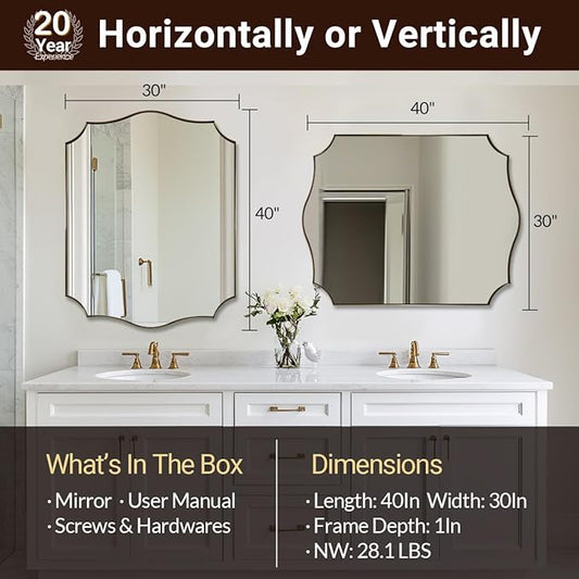 ANDY STAR 30"x40" Brushed Gold Bathroom Mirror, Large Rectangle Scalloped Mirror, Antique Brass Mirror in Rust-Proof Stainless Steel 1" Frame, Unique Wavy Design, Ideal for Home Remodel