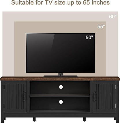 ChooChoo Farmhouse TV Stand for Televisions up to 65 inches, Entertainment Center Console Table Media Furniture with Storage Cabinets and Open Shelves, Fluted Door, for Living Room Bedroom, Black
