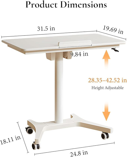 Adjustable Computer Desk, Solid Wood Folding Desk with Wheels, Mobile Home Office Laptop Table, Sit Stand Workstation, Rolling Desk, 28.35-42.52 H x 31.5 W x 19.69 D Inches,White