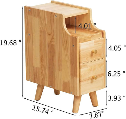 Small Nightstand, Narrow Nightstand, Solid Slim Wood Night Stand for Small Spaces, Couch, Nature Color 7.87in Wide
