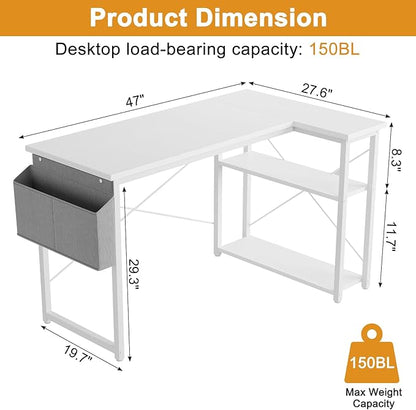 L Shaped Computer Desk with Reversible Shelves, 47 Inch Small Corner Desk with Storage Bag, Gaming Desk Computer Table Study Writing Desk for Home Office Small Space, White