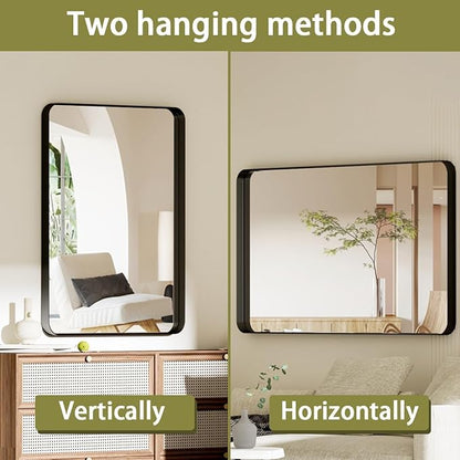 Koonmi Black Bathroom Mirror for Wall, 30x40 Inch Matte Metal Deep Framed Rounded Corner Wall Mirror, Shatterproof Tempered Glass for Farmhouse Bedroom Entryway, Vertically or Horizontally