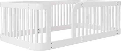 Bellemave Twin Floor Bed with High Fence and Rounded Corner Design, Wood Montessori Floor Bed with Guardrail and Entrance, Easy Assemble Montessori Bed Twin Size, White