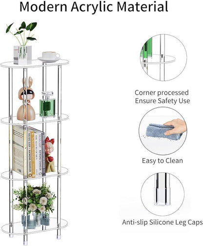 Clear Acrylic Narrow Side Table for Small Spaces, 15.75" L x 7.87" W x 38.7" H, 4 Tier Oval Slim End Table Nightstand, Small Minimalist Skinny Bedside Table for Bedroom, Bathroom, Living Room
