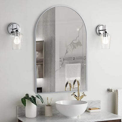 20" x 30" Silver Arched Mirror, Modern Aluminum Alloy Metal Frame, Arch Bathroom Vanity and Wall Decor Mirror for Bathroom, Living Room, Bedroom, Entryway