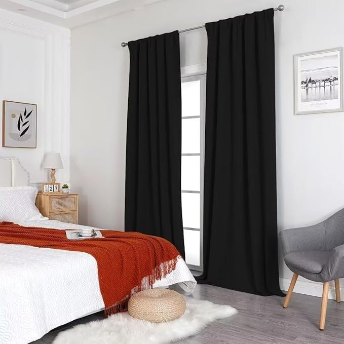 Joydeco Natural Linen Curtains 108 inch Length 2 Panels Set Burg 100% Blackout Patio Door Curtain Room Darkening Sliding Door Curtains Thermal Insulated Back tab Rod Pocket(105x108 inch, Black)