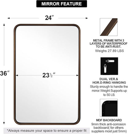 ANDY STAR Bronze Bathroom Mirror, 24X36 Bronze Wall Mirror, Bronze Vanity Mirror, Rounded Rectangle Mirror Bronze Metal Frame Farmhouse Mirror Hang Vertically or Horizontally