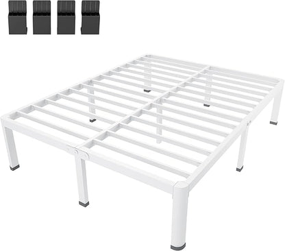 MAF 18 Inch California King Bed Frame White with Round Corner Legs Mattress Slide Stopper No Box Spring Needed Heavy Duty Metal Platform Bed Frames, 3000 LBS Steel Slats Support