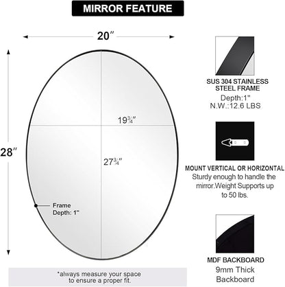 ANDY STAR Oval Bathroom Mirror, Black Oval Mirror for Bathroom, Oval Vanity Mirror for Bathroom, 20x28'' Oval Wall Mirror Pill Shaped Mirror Stainless Steel Frame Wall Mount Horizontal or Vertical