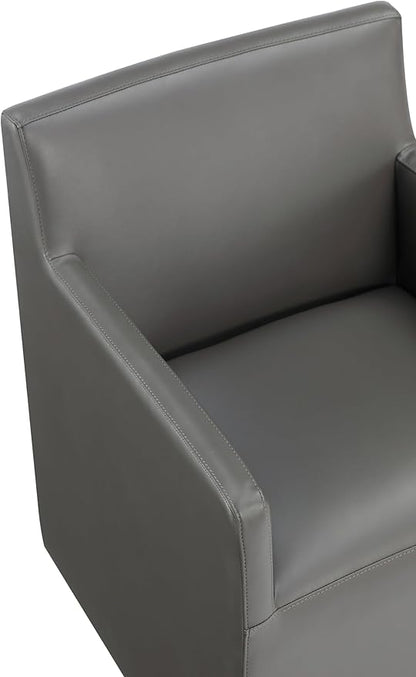 Manhattan Comfort Anna Square Modern Dining Chair with Arms, Head-to-Toe Faux Leather Upholstered Accent Armchair with Plastic Foot Padding, Set of 2, Pewter