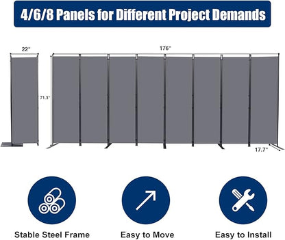 Room Divider 6FT Portable Room Dividers and Folding Privacy Screens, 176'' W Fabric Divider for Room Separation, 8 Panel Partition Room Dividers Freestanding Wall Divider Screen for Dorm Studio Office