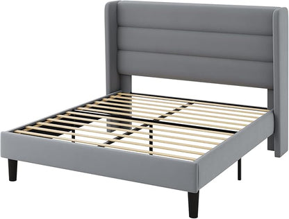 Allewie Full Size Platform Bed Frame with Velvet Upholstered Wingback Headboard, No Box Spring Needed, Under Bed Storage Space, Strong Wooden Slats, Modern Mattress Foundation, Easy Assembly, Grey