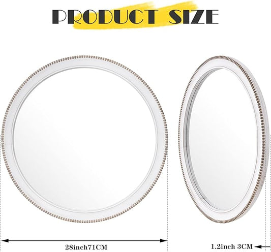 sawsile Wood Circle Mirror,Rustic Farmhouse Wall Mirror 28 inch Round Morden Decoration Wood Large Mirror White Accent Mirror for Bedroom,Living Room