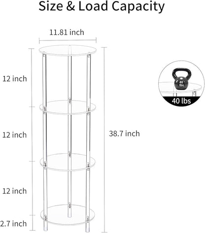 Clear Round Acrylic Side Table for Small Spaces, 11.81" L x 11.81" W x 38.7" H, 4 Tier Small Modern Drink End Table Nightstand, Minimalist Bedside Table for Living Room, Bedroom, Bathroom