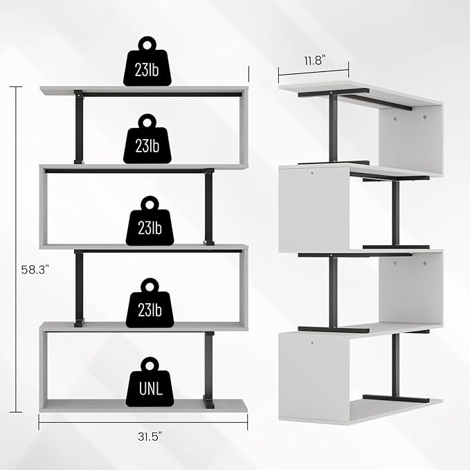 5-Tier Geometric Bookshelf, S Shaped Bookcase, 31.5" W x 58.3" H Wood Decorative Storage Shelving, Modern Freestanding Display Shelves, Tall Book Shelf Unit for Living Room Bedroom