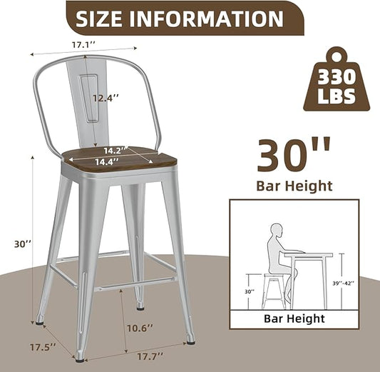 30” Swivel Bar Stools Set of 4, Counter Height Bar Stools Wooden Seat, Metal Industrial Bar Chairs with High Back for Kitchen Island (Silver)