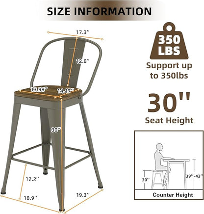 Metal Bar Stools Set of 4, High Back Bar Stools with Wooden Seat, 30 inch Rusty Barstools for Kitchen Island