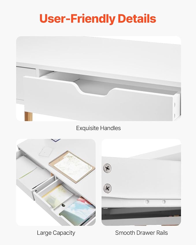 VEVOR Small Desk with Drawers, Kids Desk for Bedroom, Wooden Simple Study Table for Drawing, Reading, Writing, Rectangle MDF Furniture Study Storage Table for Home, Office, White + Wood