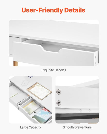 VEVOR Small Desk with Drawers, Kids Desk for Bedroom, Wooden Simple Study Table for Drawing, Reading, Writing, Rectangle MDF Furniture Study Storage Table for Home, Office, White + Wood