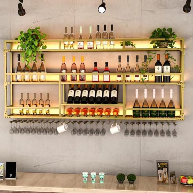 Metal Wall-Mounted Wine Rack with LED Light - 3 Tier Wine Storage Display Rack with Glass Holder - Space-Saving Bottle Display Shelf for Home Bars, Dining Rooms(Gold, 39in/100cm)