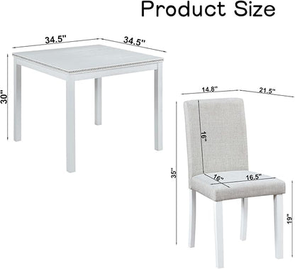 Dining Table Set for 4, 5-Piece Kitchen Table & Chairs Set with Versatile Square Table & 4 Upholstered Chairs, 34.5'' Dinner Set with Crystal Decorations & Wood Grain Design, Light White